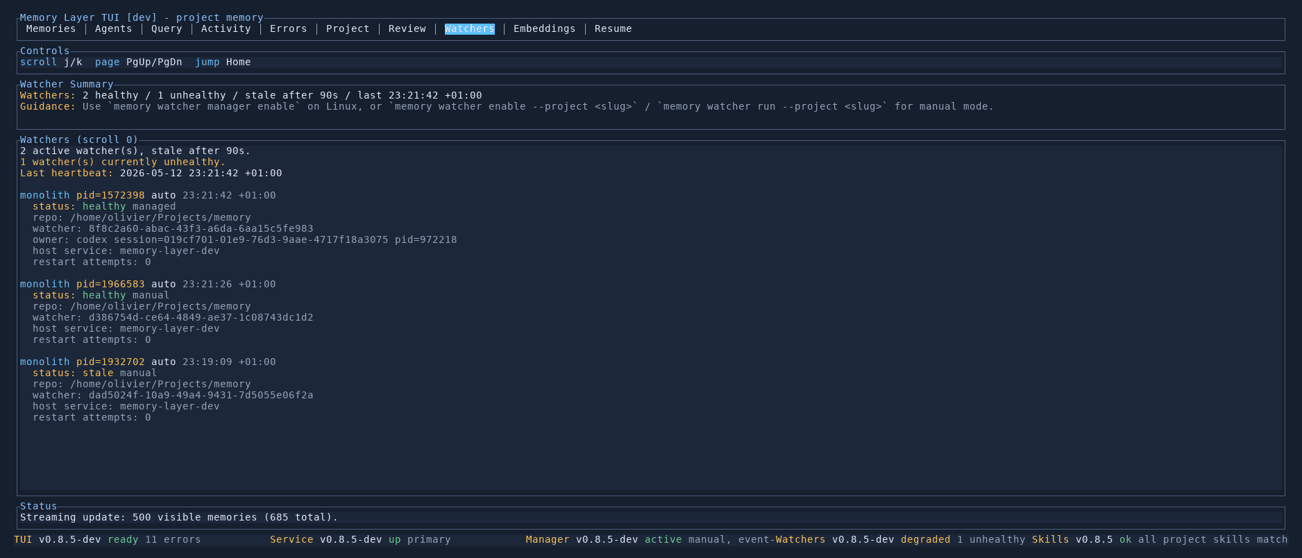 Memory Layer watchers dashboard